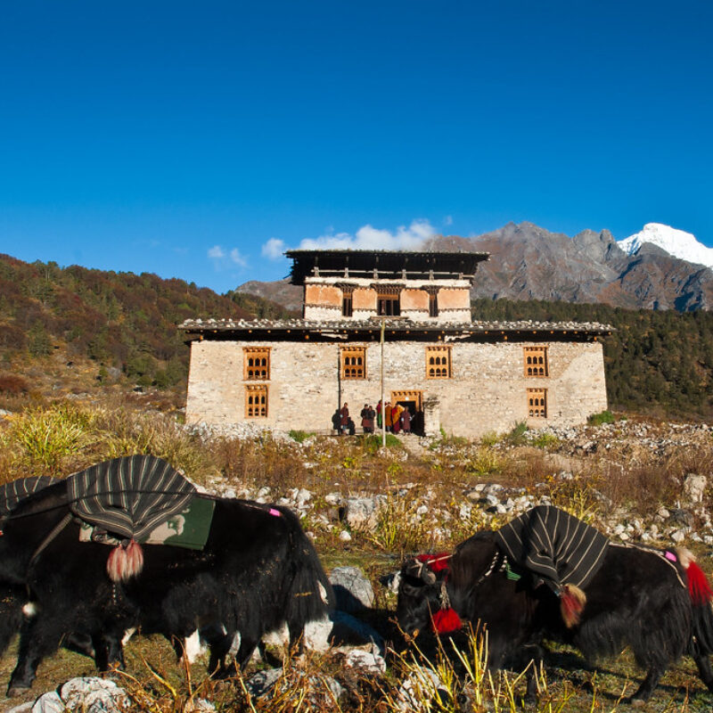 Chozo village in Lunana valley in Gasa region during Snow Man trek in Bhutan.